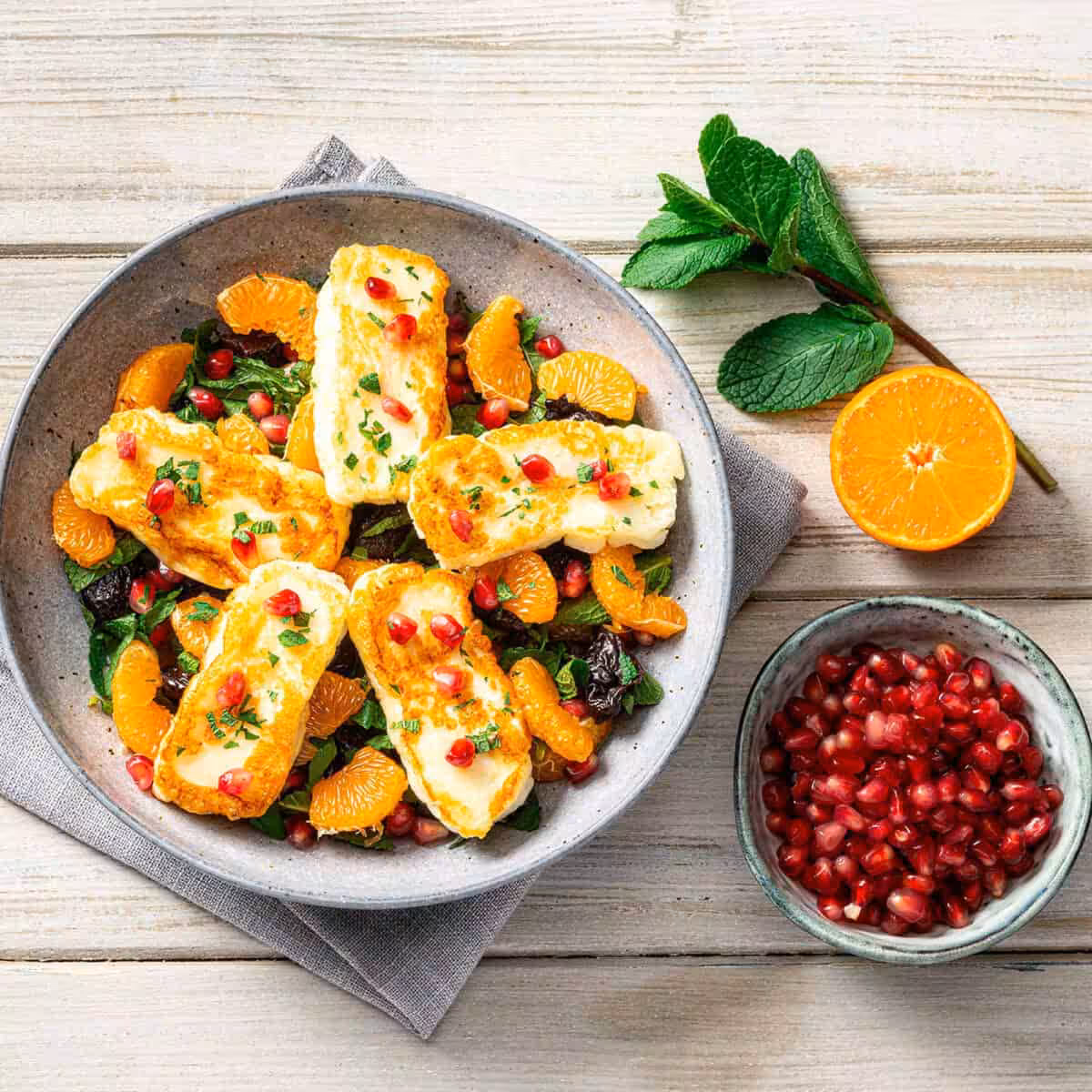 Bowl of halloumi mint and orange salad