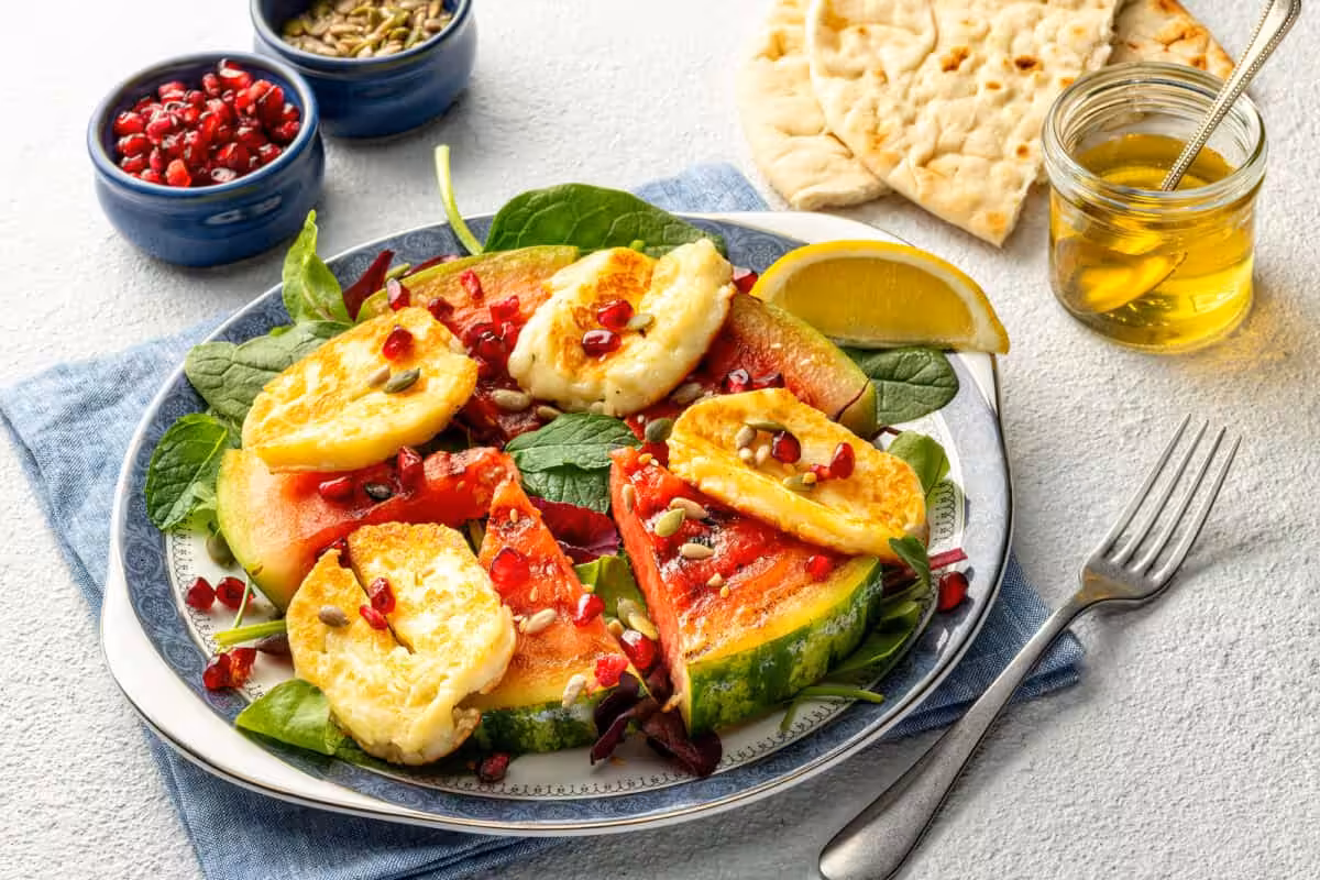 Plate of colourful and delicious watermelon and mango salad